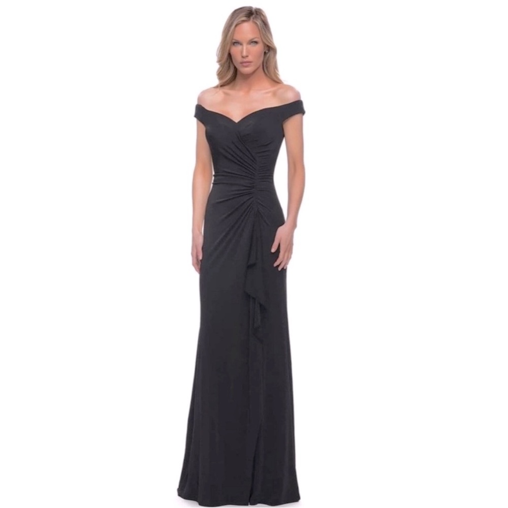 La femme off the shoulder formal black dress